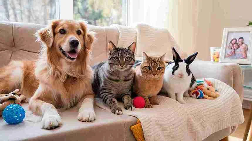 A dog and two cats and one rabbit relaxing on a couch, representing the bond and comfort pets bring to our lives and benefits of having pets by venttura bioceuticlas