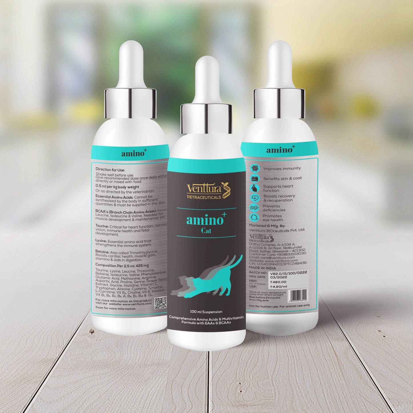 Venttura Amino+ Cat supplement bottle, a comprehensive amino acid and multivitamin formula with essential amino acids (EAAs) and branch chain amino acids (BCAAs) for cats.