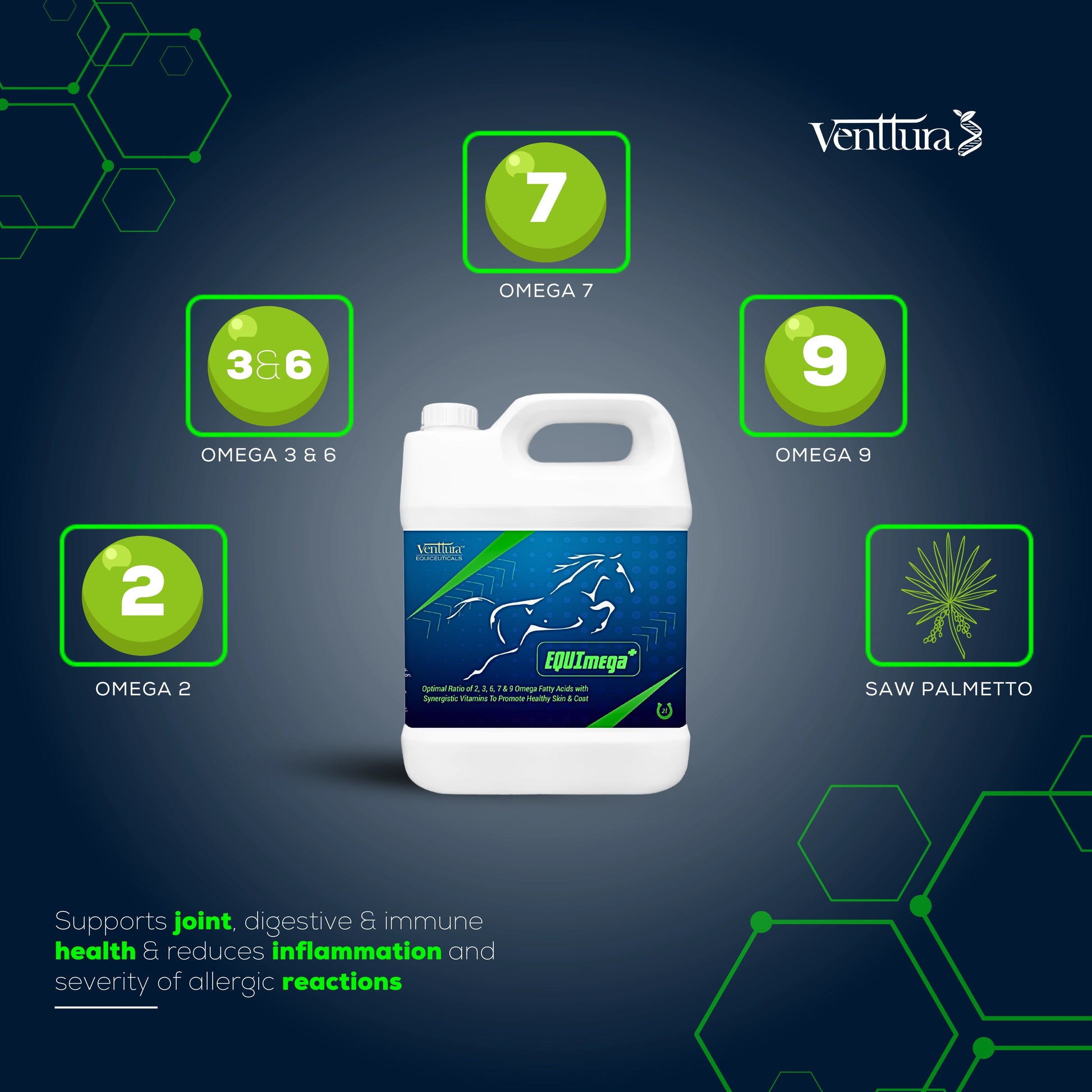 A stunning brown horse with an overlay showcasing the benefits of EQUImega+ supplement, including joint support, inflammation reduction, and skin & coat health