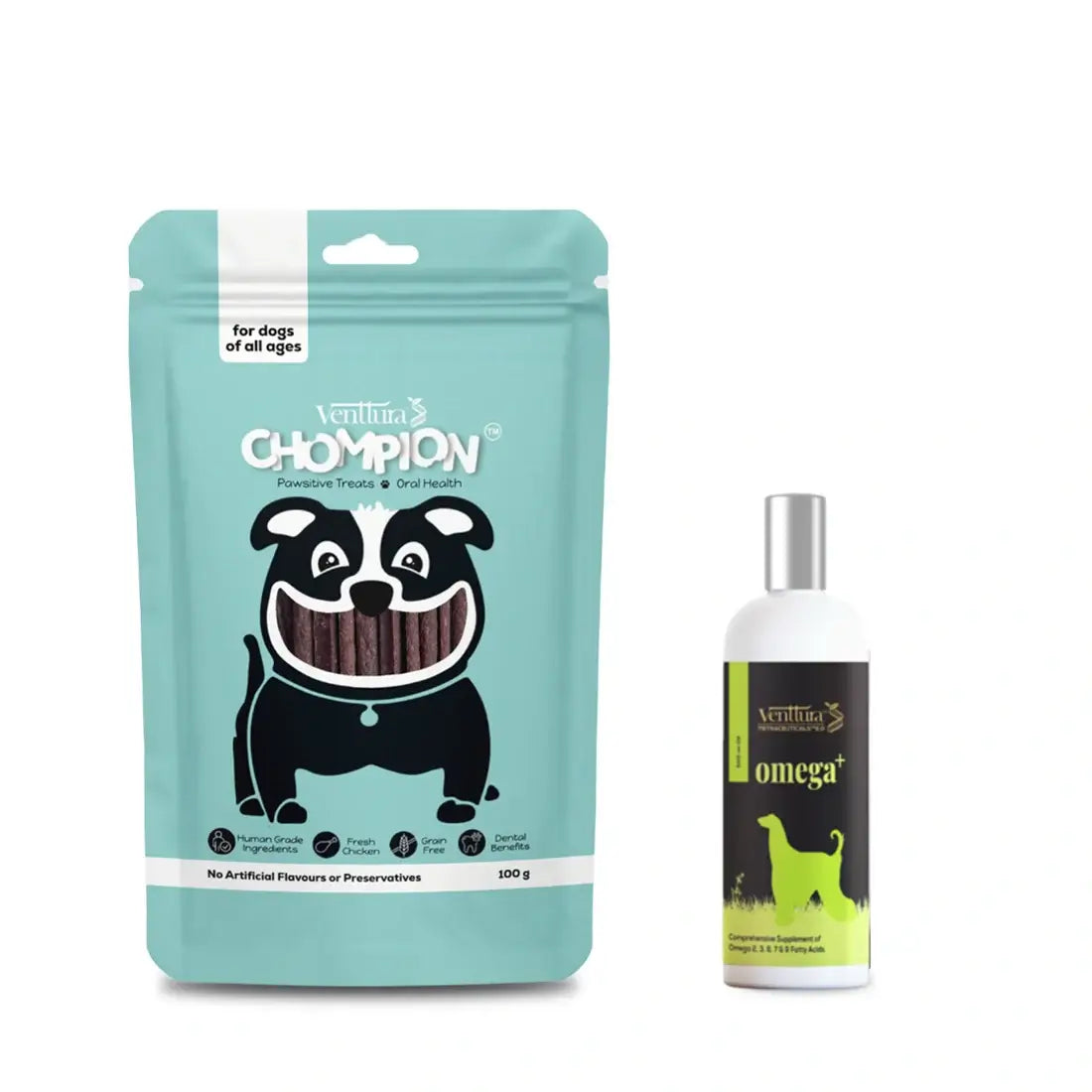 Dog Skin & Oral Care Combo – Omega+ Supplement (150ml) + Chompion Oral Health Treats | Venttura