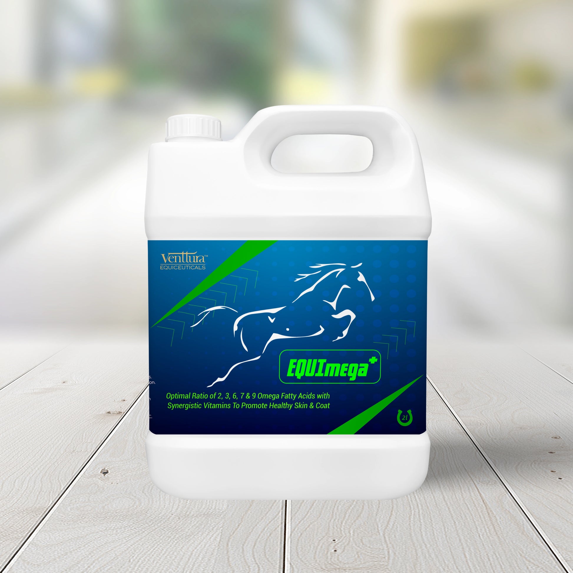 EQUImega+ supplement for horses by Venttura Biocueticals, a blend of omega fatty acids that promote skin & coat health, joint support, digestive health, and immunity.