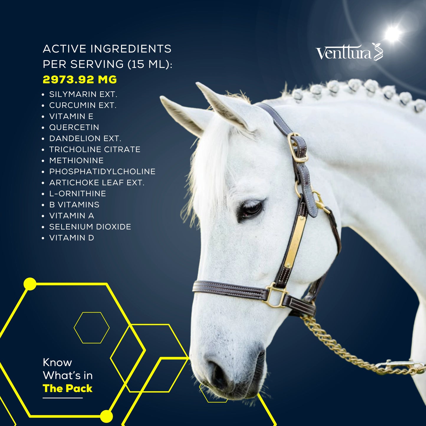 Active ingredients in Equiliv supplement for horse Silymarin ext, Curcumin ext, Vitamin E, Quercetin, DandelionExt, Tricholine Citrate, Methionine, Phosphatidychloline, Artichoke Leaf Ext, L-Ornithine, B vitamins, Vitamin A, Selenium bioxide, Vitamin D
know what's in the pack