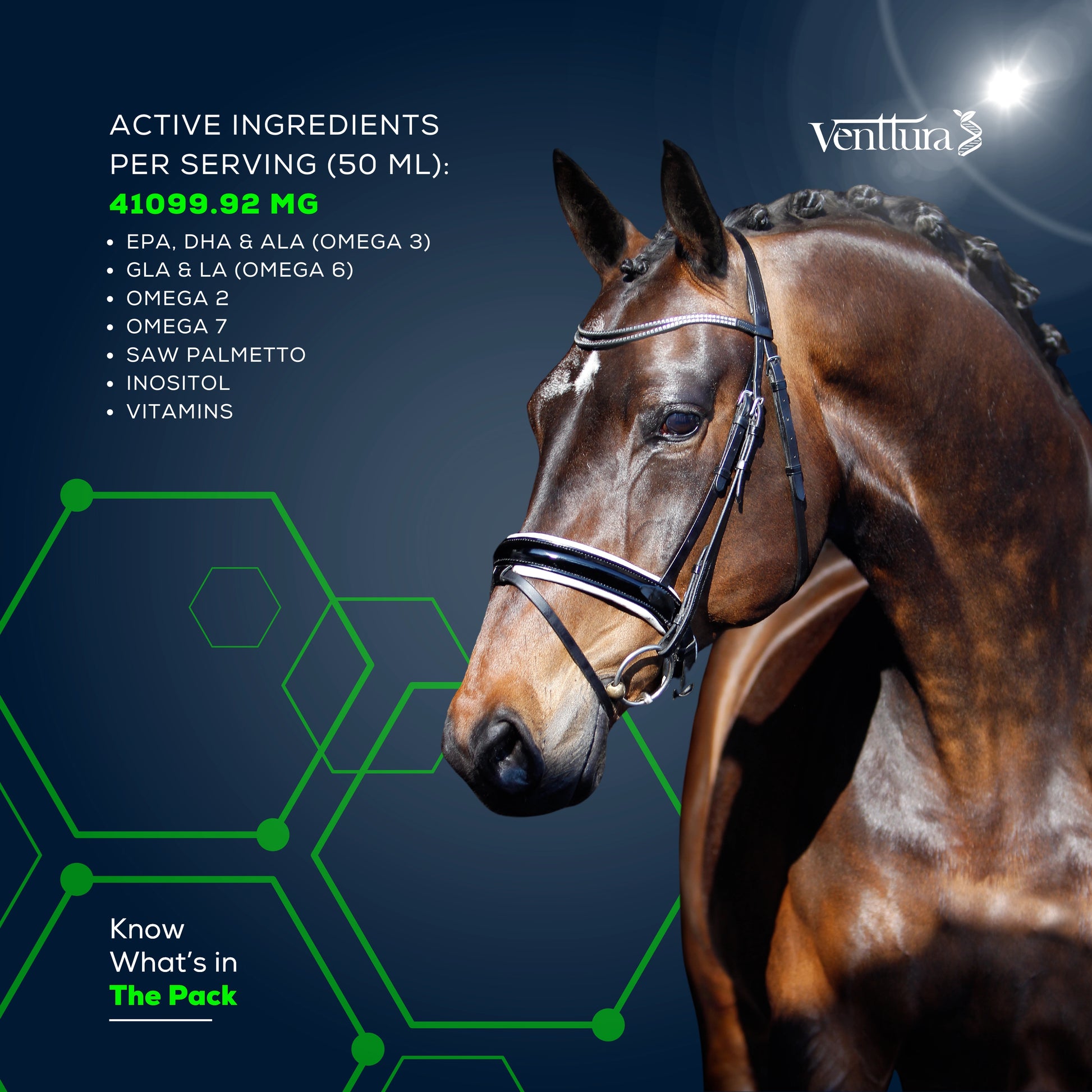 Equimega+ horse supplement active ingredients per serving 50 ml 41099.92MG EPA, DHA, ALA, OMEGA 3, GLA AND LA OMEGA6, OMEGA 7 , SAW PALMETTO, INOSITOL, VITAMINS, know what's in the pack by venttura bioceuticals