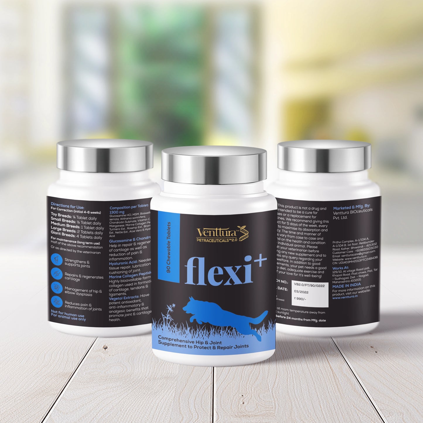 Flexi+ joint repair and support supplement for dogs by Venttura Bioceuticals - bottle image showcasing a complete formula for joint health.