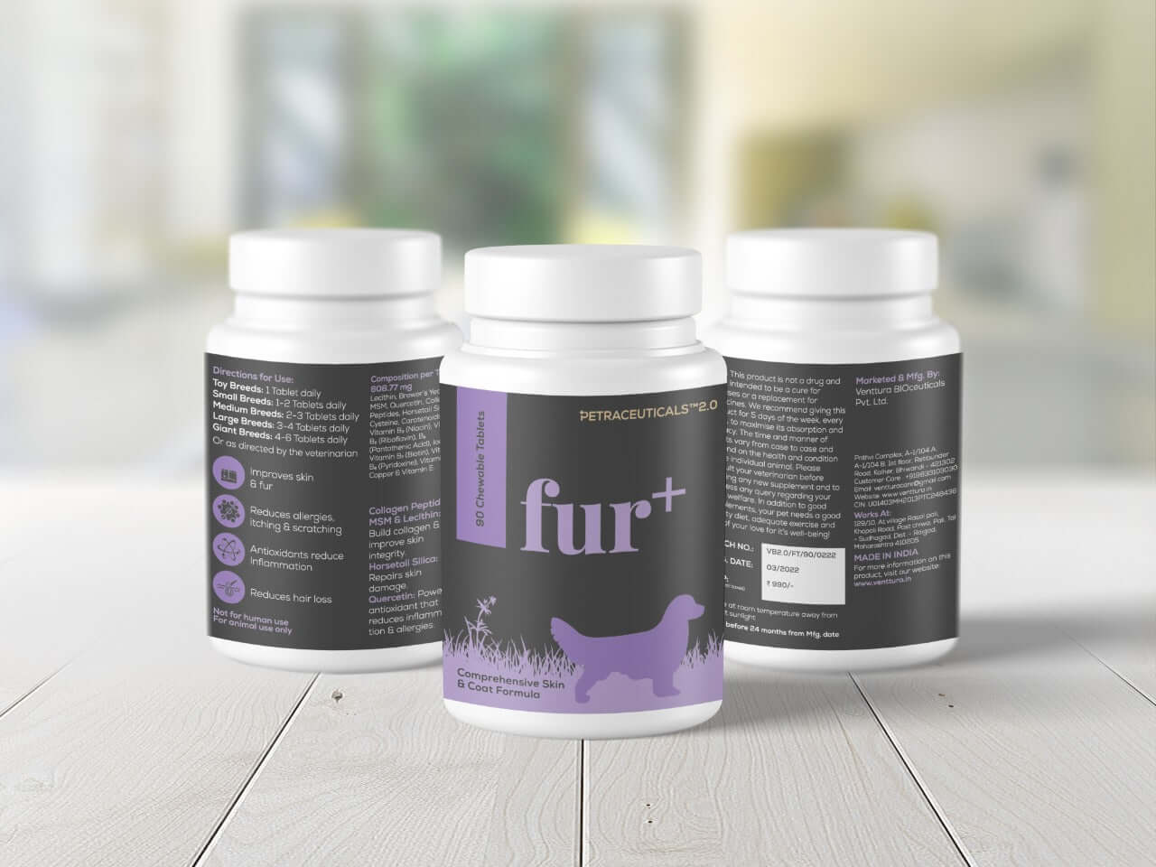 Fur+ supplement for dogs by Venttura Bioceuticals, designed to promote healthy fur growth, improve coat condition, and reduce skin allergies, dryness, and shedding
