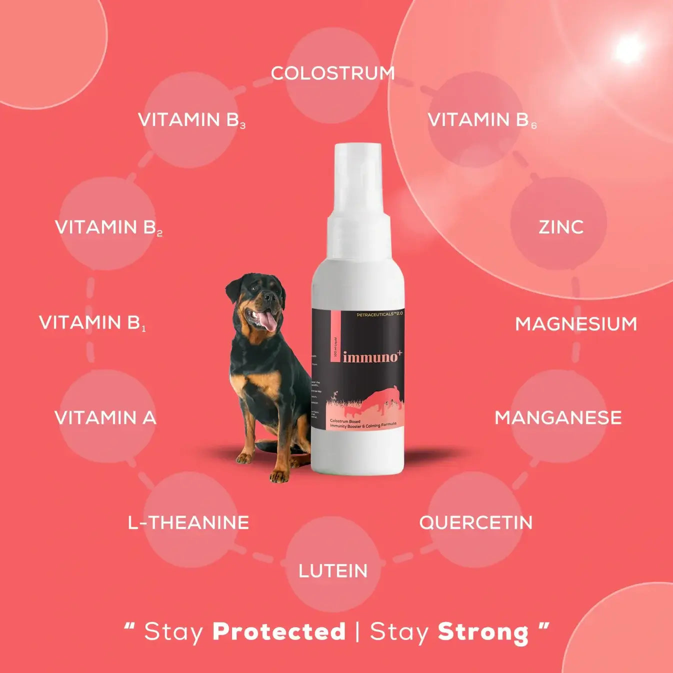 Immuno+ by Venttura Bioceuticals - the first and only sublingual supplement for dogs, a colostrum-based immunity booster that reduces anxiety, promotes calming, and provides anti-allergic, anti-inflammatory, antioxidant, and immunity support.