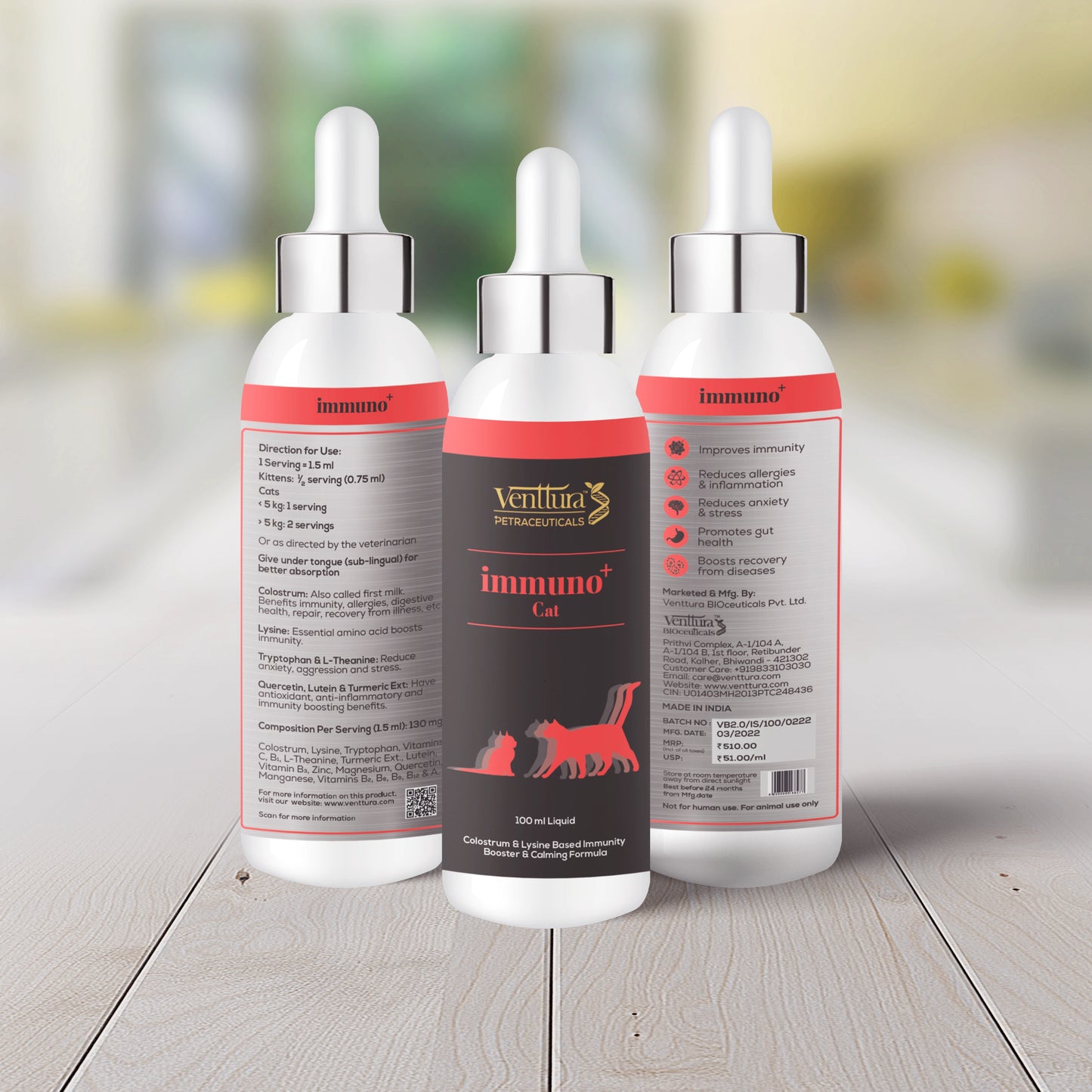 Venttura Immuno+ Cat supplement bottle, a colostrum and lysine-based immunity booster and calming formula for cats, offering antioxidant protection and anxiety reduction.