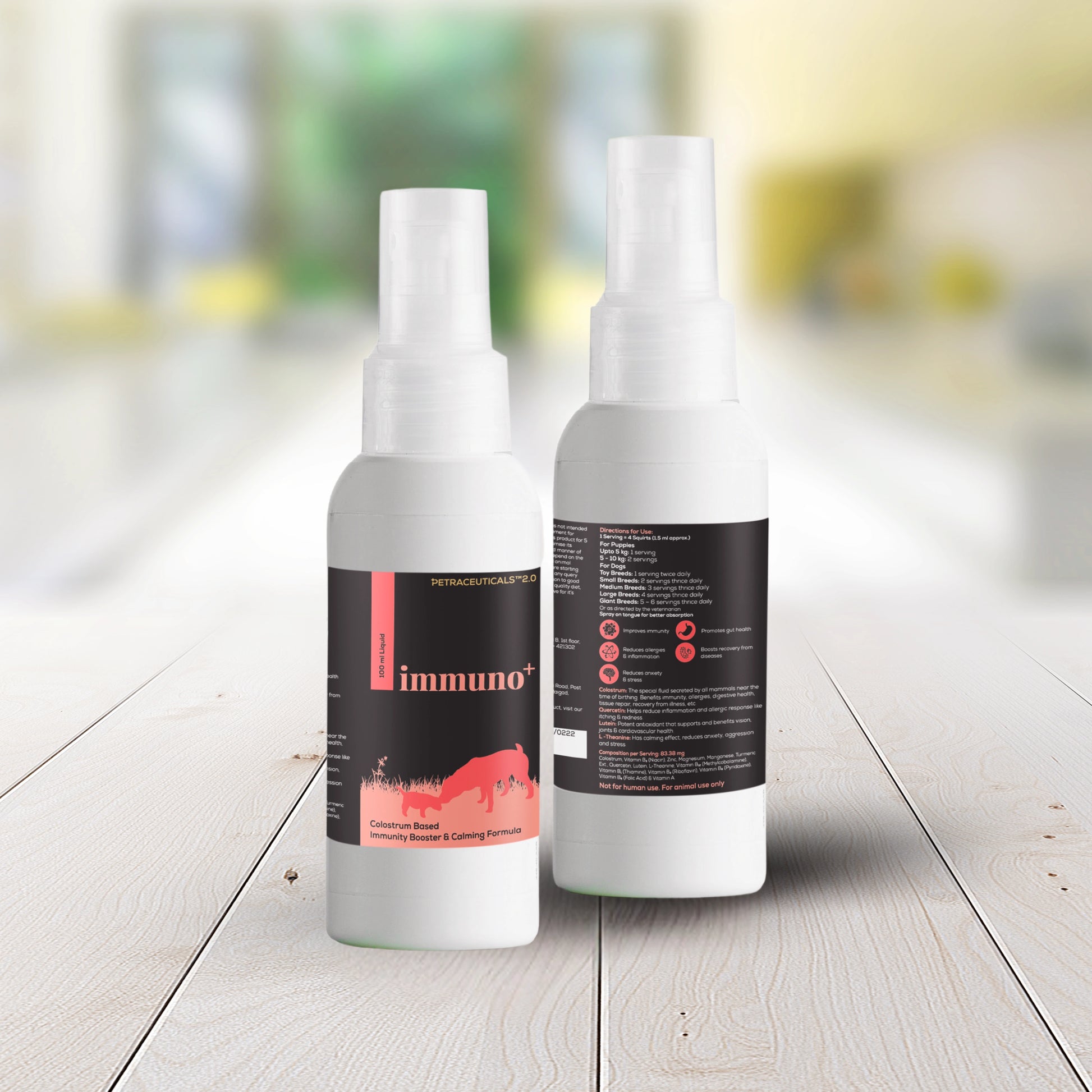 Immuno+ supplement bottle for dogs by Venttura Bioceuticals - a colostrum-based formula designed to boost immunity and promote calming.