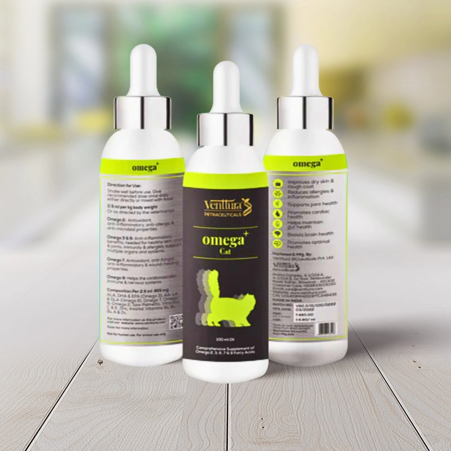 Venttura Omega+ Cat supplement with a blend of Omega 2, 3, 6, 7, and 9 fatty acids, promoting soft, supple, and healthy skin and coat. Supports joint, digestive, and immune health while reducing allergic reactions in cats