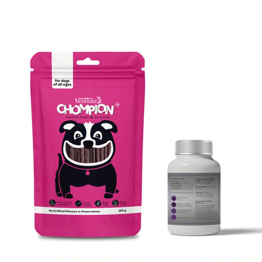 Skin & Coat Care Combo for Dogs – Fur+ Supplement & Chompion Treats For Skin And Coat