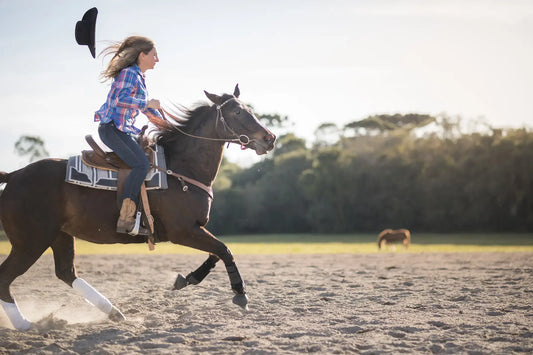 A woman interacts with a horse in a stable, emphasizing care and the benefits of Venttura's premium horse supplements for well-being.