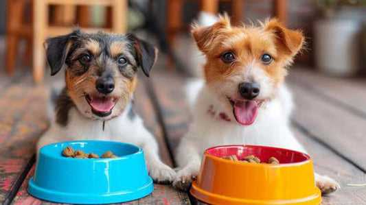 Two dogs sit on a wooden floor beside their food bowls, highlighting the importance of calcium supplements for their health. by Venttura Bioceuticals