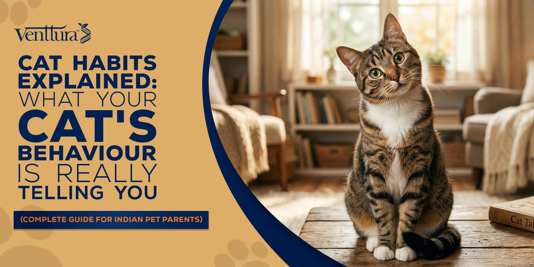Curious cat tilted head indoors — cat habits explained by Venttura Bioceuticals