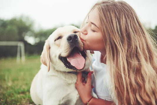 A woman gently kisses her dog on the nose, symbolizing love and the importance of understanding canine body language. by venttura bioceuticals