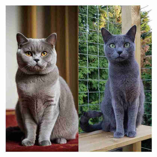 Side-by-side comparison of a British Shorthair and a Russian Blue cat, each with distinctively different colored eyes. what is the difference between British short hair cat vs Russian Blue Cat by Venttura Bioceuticals