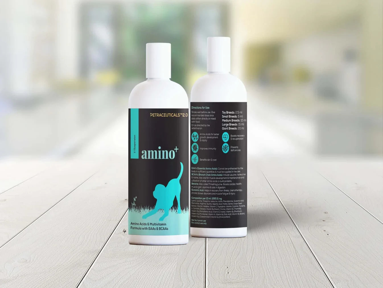 Amino+ supplement for dogs - 150ml bottle containing amino acids, BCAAs, antioxidants, and multivitamins to support muscle development, better strength, and overall growth.