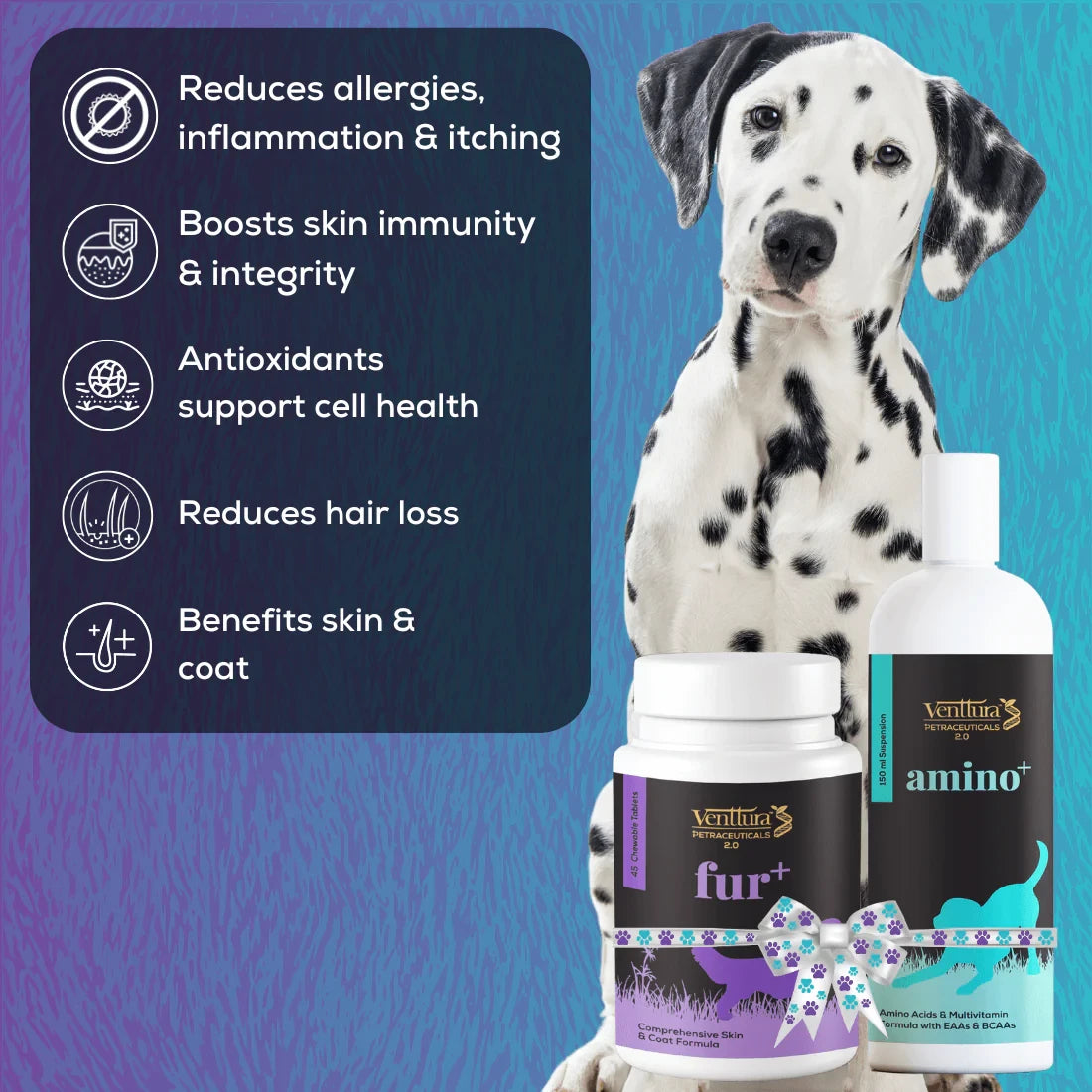 Amino+ and Fur+ supplements for dogs - a comprehensive solution for better muscle strength, healthy fur growth, shiny coat, and improved skin health