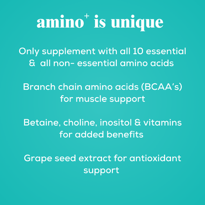 amino+ supplement for dog is unique 
only supplement with all 10 essential amino acids 
Branch chain amino acids (BCAA's) for muscle support 
Betaine, Choline, Inositol & Vitamins for added benefits 
Grape seed extract for antioxidant support