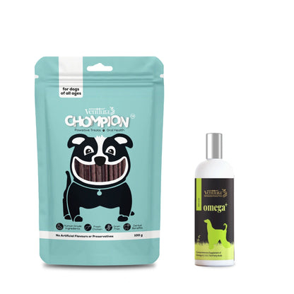 Dog Skin & Oral Care Combo – Omega+ Supplement (150ml) + Chompion Oral Health Treats | Venttura