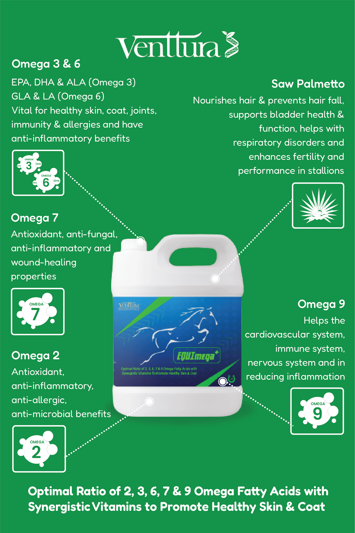 EQUImega+ supplement for horses by Venttura Biocueticals, surrounded by its benefits, including omega fatty acids for skin, coat, joint health, and immune support