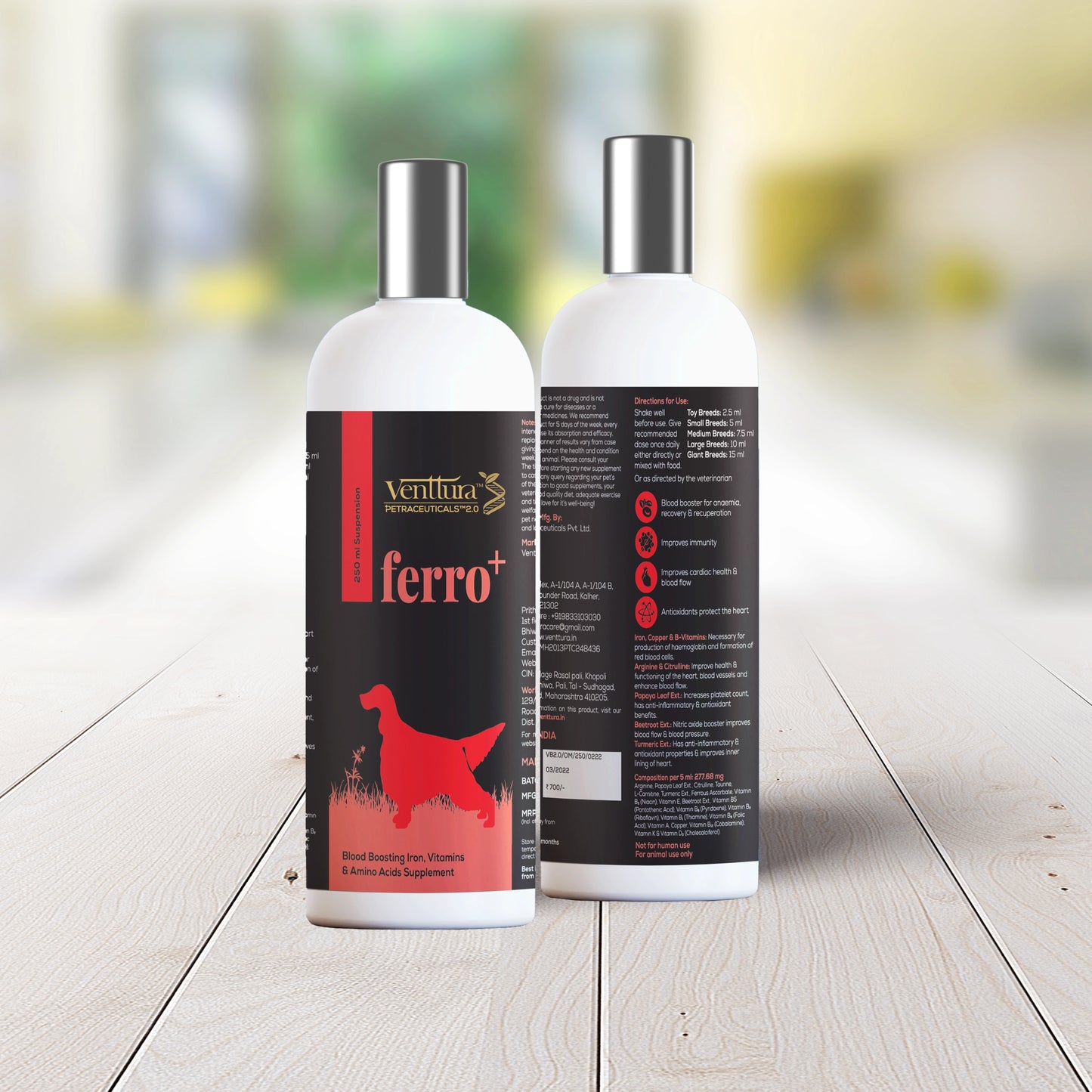 Ferro+ supplement for dogs by Venttura Bioceuticals - a complete blood-building iron formula designed to restore health, heal faster, and support hemoglobin formation, red blood cell production, and cardiac health while alleviating anemia, tick fever, and blood parasite diseases