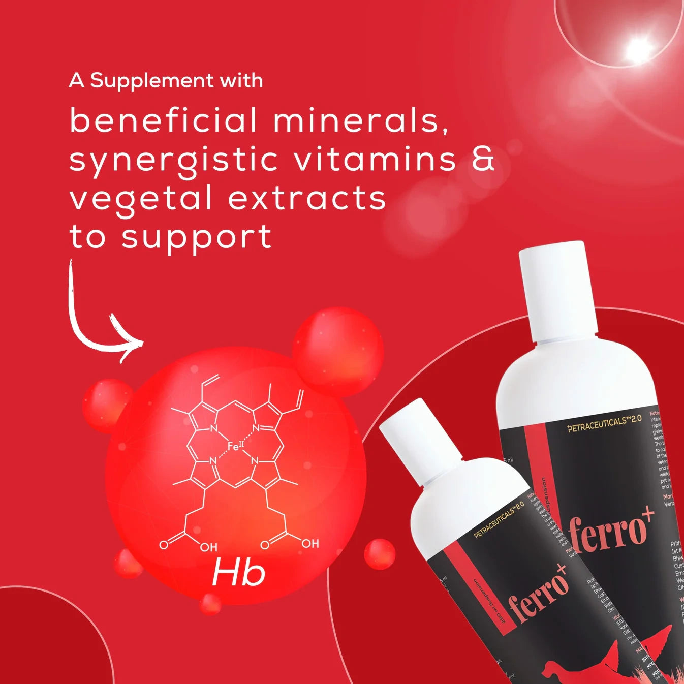 Ferro+ supplement for dogs by Venttura Bioceuticals addressing anemia, tick fever, and blood parasites. Features a full spectrum of nutrients for hemoglobin formation, red blood cell and platelet production, enhanced blood flow, boosted immunity, antioxidant protection, and support for cardiac health.