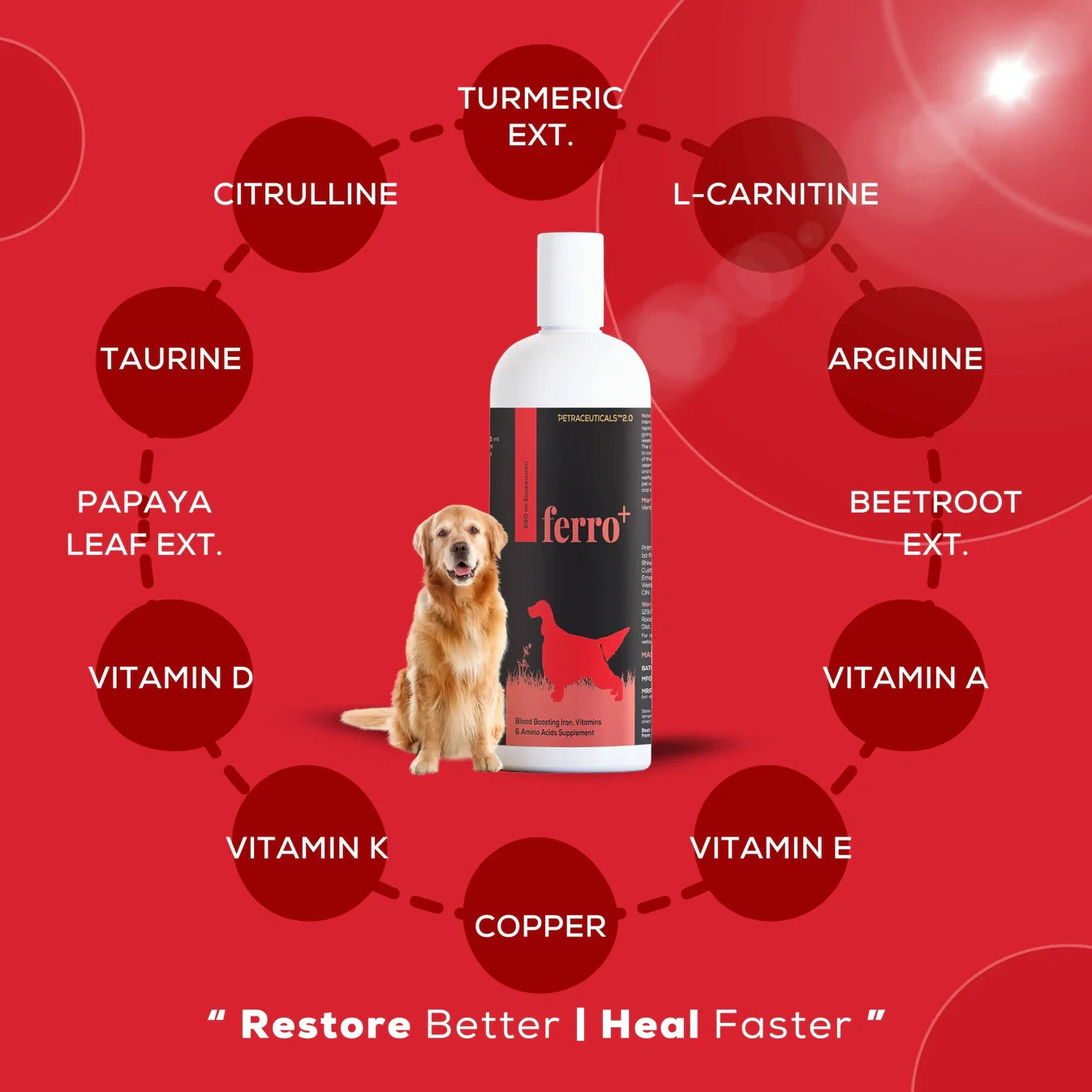 ferro+ is unique only supplement with full spectrum of nutrients for haemoglobin formation production of rbcs & platelets , enhances blood flow, boosts immuity  promotes antioxidant protection, support cardiac health