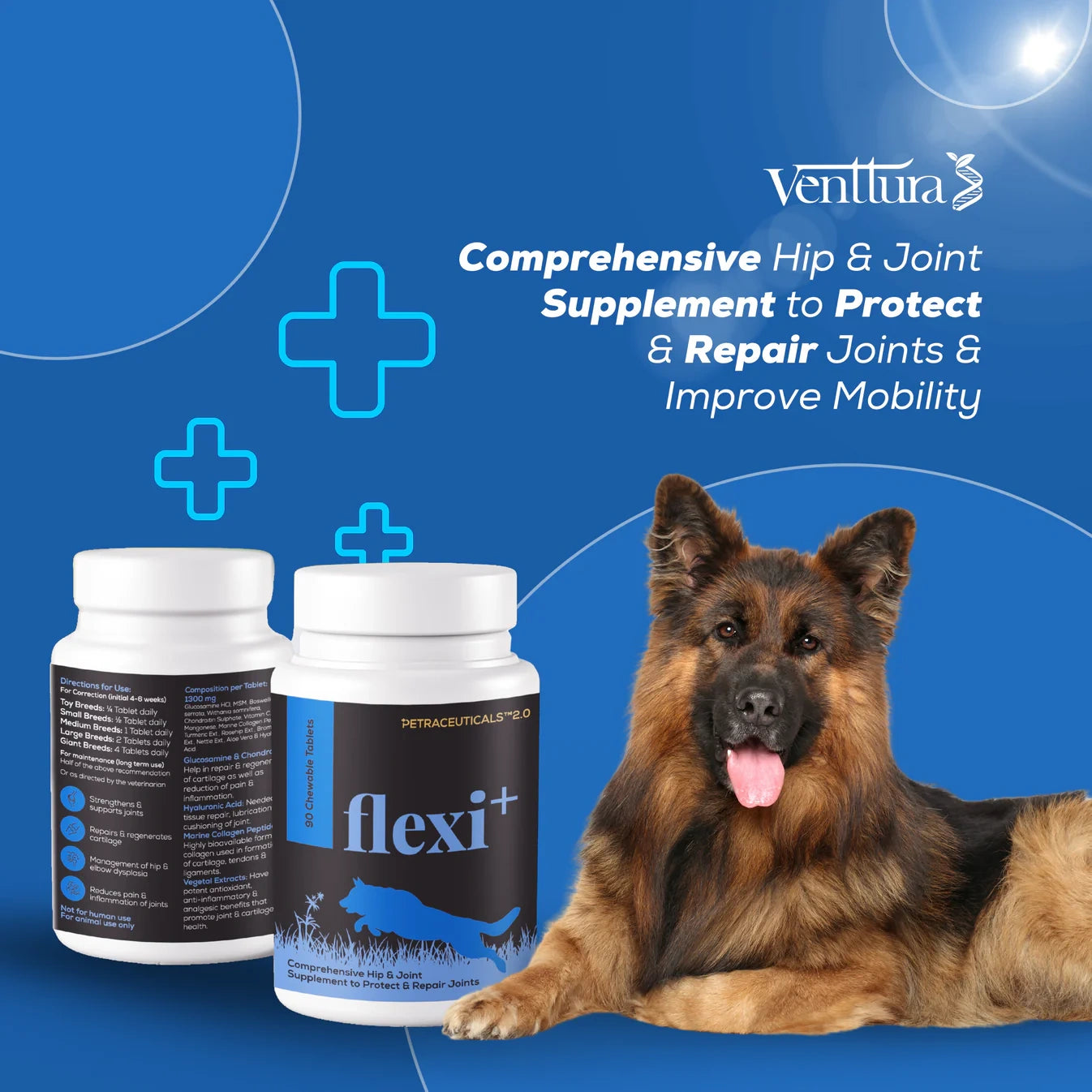 German Shepherd sitting with overlay text highlighting the benefits of Flexi+ by Venttura Bioceuticals, including improved mobility, joint repair, and pain reduction.