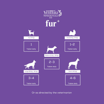 Fur+ supplement for dogs showing dosage guidelines: 1 tablet daily for toy breeds, 2-3 tablets daily for medium breeds, 1-2 tablets daily for small breeds, 3-4 tablets daily for large breeds, and 4-6 tablets daily for giant breeds."