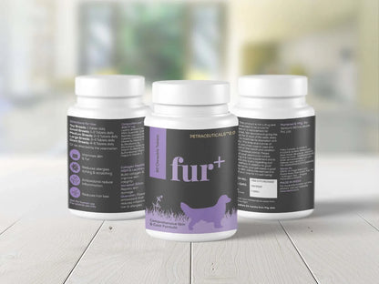 Fur+ supplement for dogs - 45 tablets designed to promote fur growth, improve coat condition, and reduce skin allergies, dry skin, and shedding