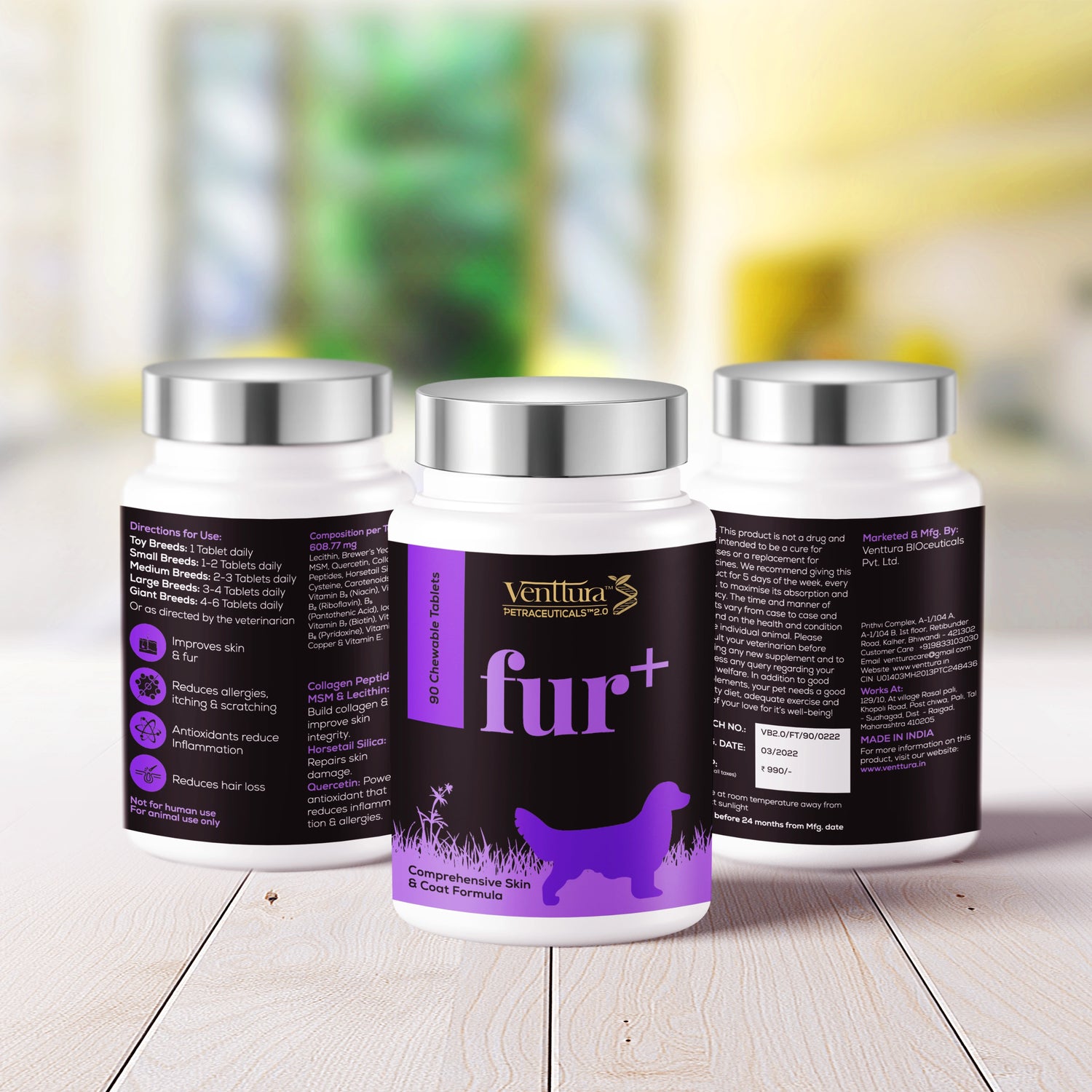 Fur+ supplement for dogs by Venttura Bioceuticals, designed to promote healthy fur growth, improve coat condition, and reduce skin allergies, dryness, and shedding