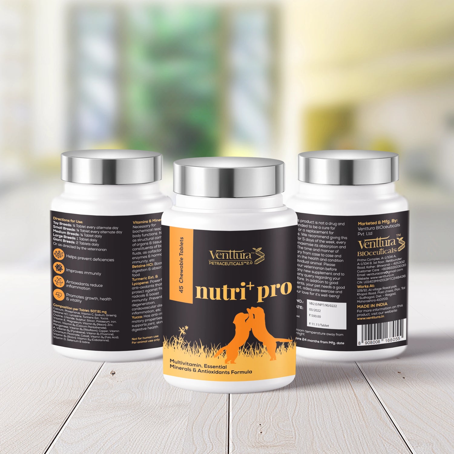Nutri+ Pro multivitamin and minerals supplement for dogs by Venttura Bioceuticals - boosts immunity, promotes healthy skin and coat, and supports energy and vitality.