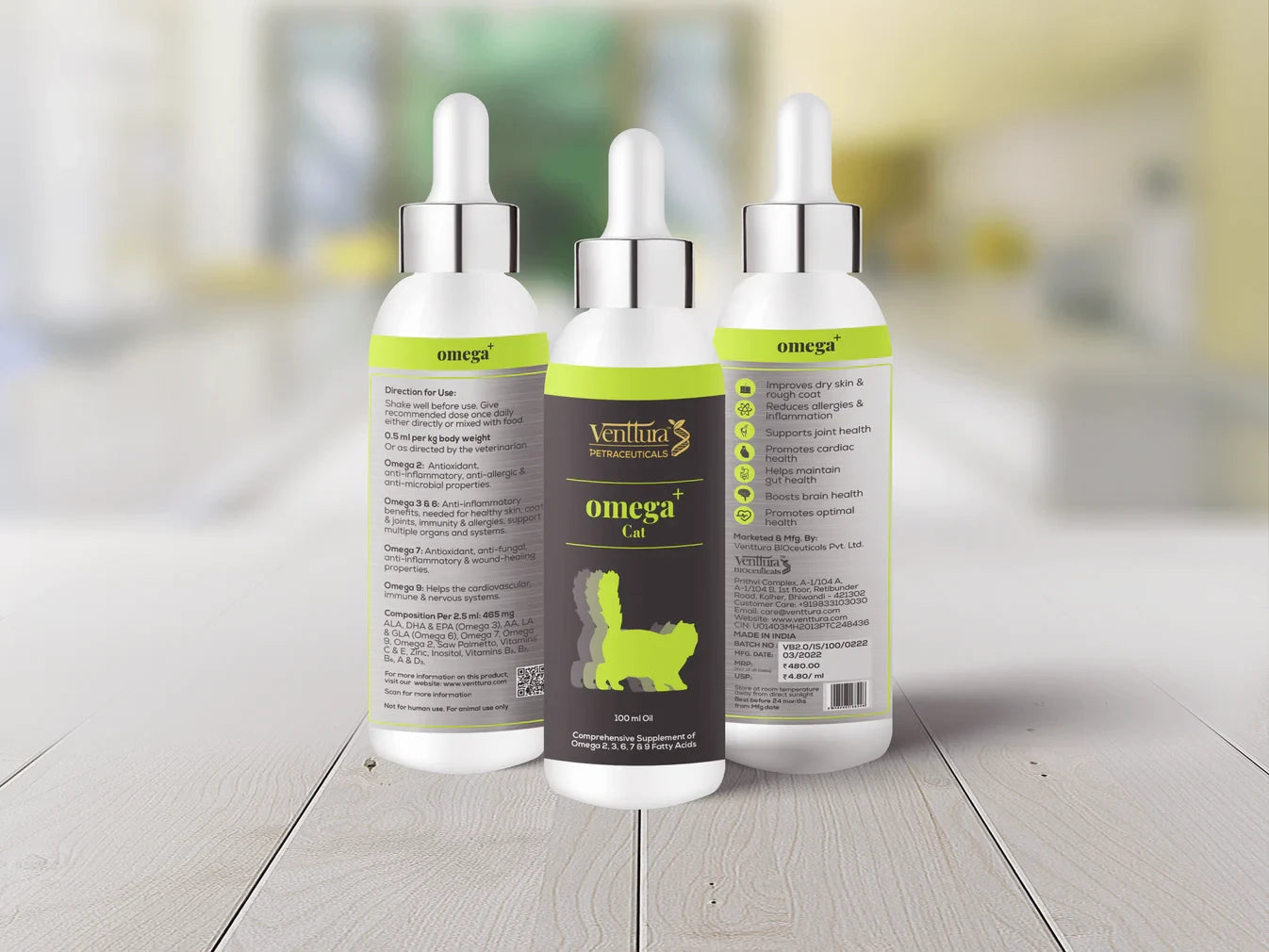Venttura Omega+ Cat supplement with a blend of Omega 2, 3, 6, 7, and 9 fatty acids, promoting soft, supple, and healthy skin and coat. Supports joint, digestive, and immune health while reducing allergic reactions in cats