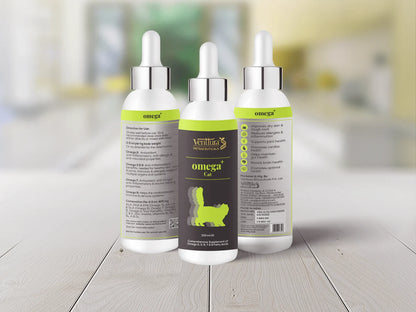 Venttura Omega+ Cat supplement with a blend of Omega 2, 3, 6, 7, and 9 fatty acids, promoting soft, supple, and healthy skin and coat. Supports joint, digestive, and immune health while reducing allergic reactions in cats