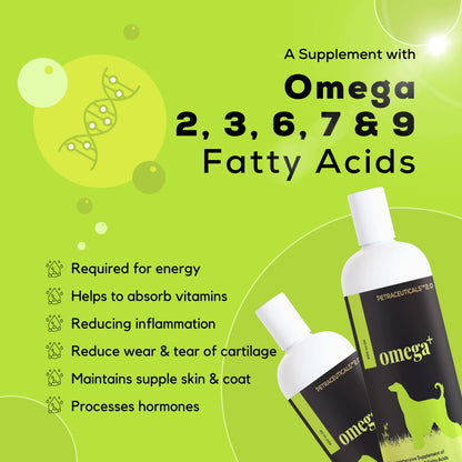Omega+ supplement for dogs by Venttura Bioceuticals - reduces skin allergies, itching, scratching, and provides anti-inflammatory support