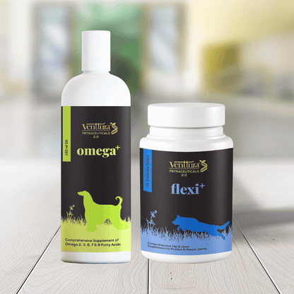 Omega+ and Flexi+ supplement bottles by Venttura Bioceuticals for joint and skin health.