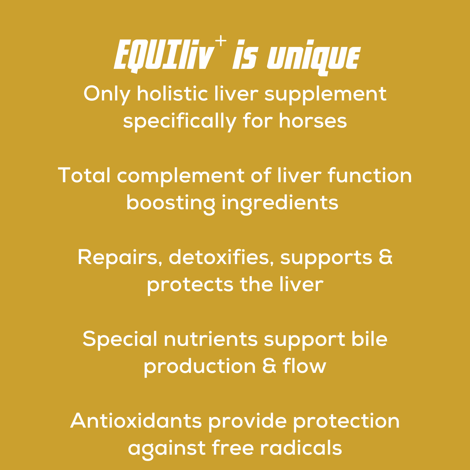 EQUIliv+ is the only holistic liver supplement specifically for horses, containing a complete range of liver function-boosting ingredients, antioxidants, and special nutrients to enhance bile production and flow.