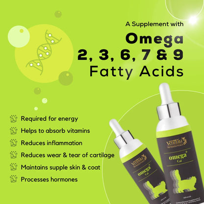 Omega+ Cat is a unique supplement specifically formulated for cats, containing omega 2, 3, 6, 7, and 9 fatty acids, including arachidonic acid. Provides skin, coat, joint benefits, anti-inflammatory, antioxidant effects, and supports overall organ system health